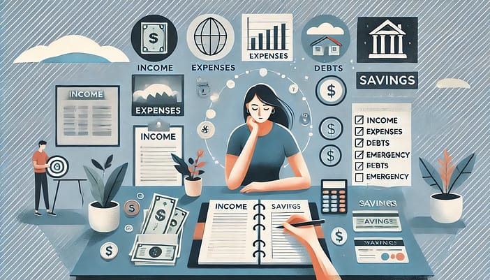 A graphic illustrating 'Assessing Your Financial Situation'. The image features a person sitting at a desk, thoughtfully reviewing their financial doc
