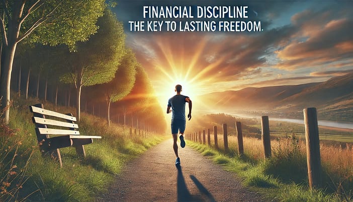 A motivational quote about financial discipline with a background of someone running on a path.