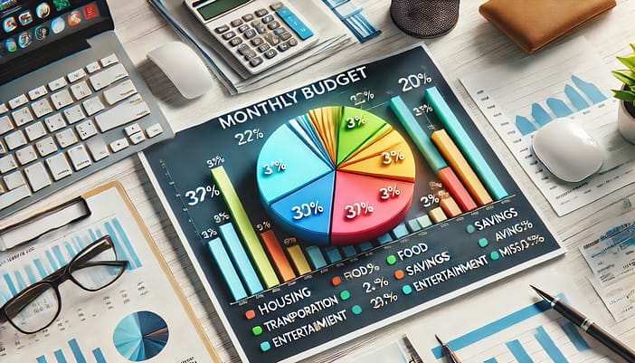 A realistic image of a pie chart or bar graph showing a breakdown of a monthly budget