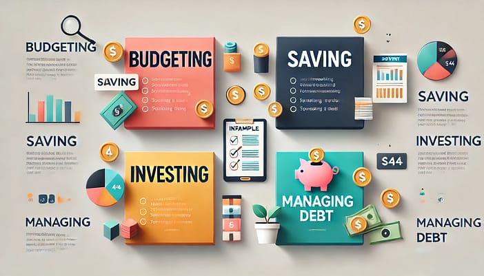 Infographic with four boxes, each labeled with 'Budgeting', 'Saving', 'Investing', and 'Managing Debt'