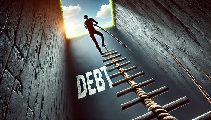 Person climbing out of a deep pit labeled 'Debt'. The person looks determined and is using a sturdy rope to pull themselves up