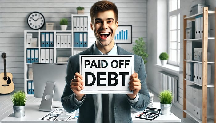 Person holding a 'Paid Off Debt' sign with excitement. The person is smiling broadly, showing a sense of accomplishment and joy