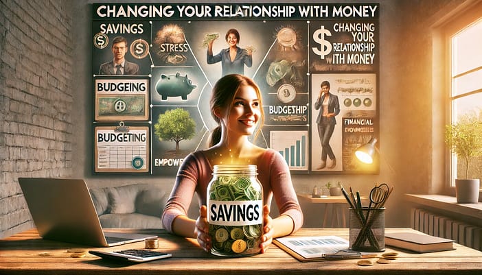 Person holding a jar labeled 'Savings' with a smile on their face. The person looks happy and positive