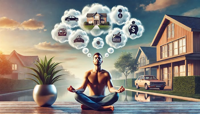 Person meditating with a thought bubble showing financial goals