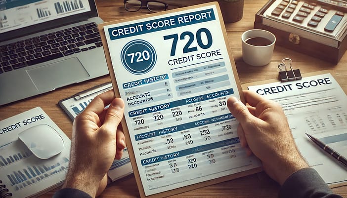 Person reviewing a credit score report. The image shows hands holding the report, with the credit score cl