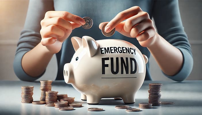 Piggy bank labeled 'Emergency Fund' being filled with coins